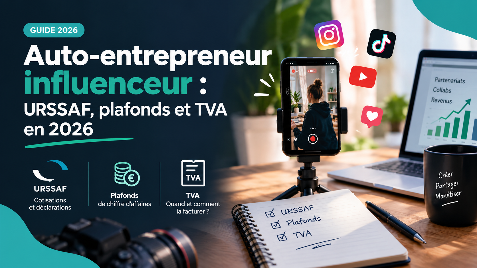Auto-entrepreneur influenceur : URSSAF, plafonds et TVA en 2026