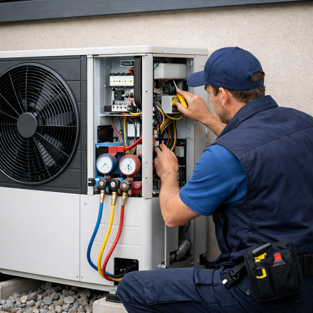 Technicien Fraîch'Air en intervention pompe à chaleur